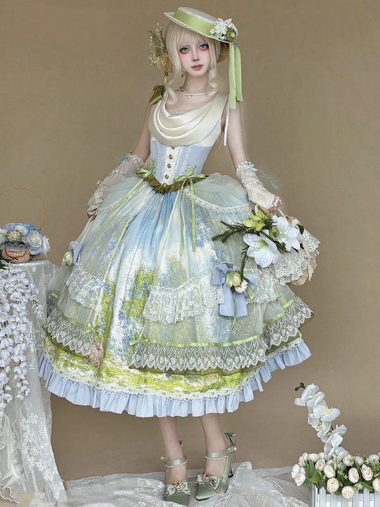 Art Print Skirt Classic Lolita Cowl Neck JSK Dress with Removable Overlay - Moonlight Dream