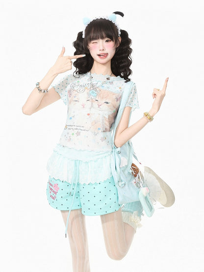 Green Mesh T-Shirt with Kitty and Star Print - Languid Park