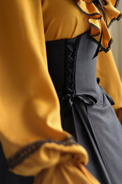 Pumpkin Orange Lace-up Structured Ruffles V-neck Long Sleeves Blouse