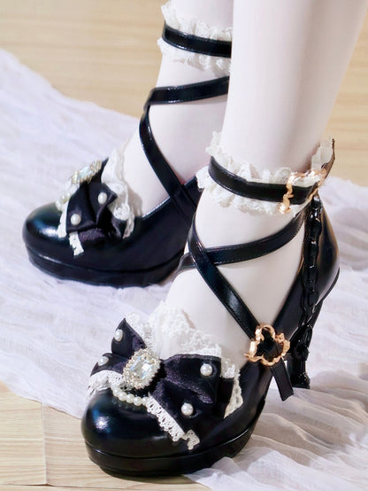 Ornate - Lolita Hime-Kei Heels Black Bow Beaded