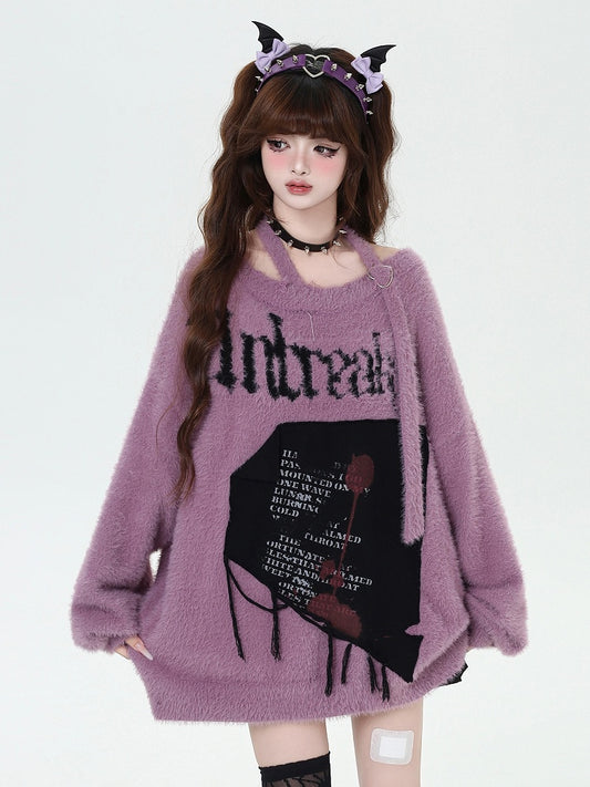 Sweater Halter Loose Letter Graphic Purple Neck Bittersweet