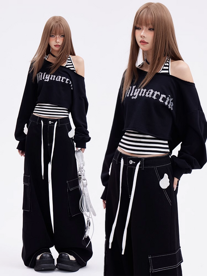 Glamorous Cropped-Sweatshirt-Set mit asymmetrischem Ausschnitt und weiß-schwarz gestreiftem Tanktop