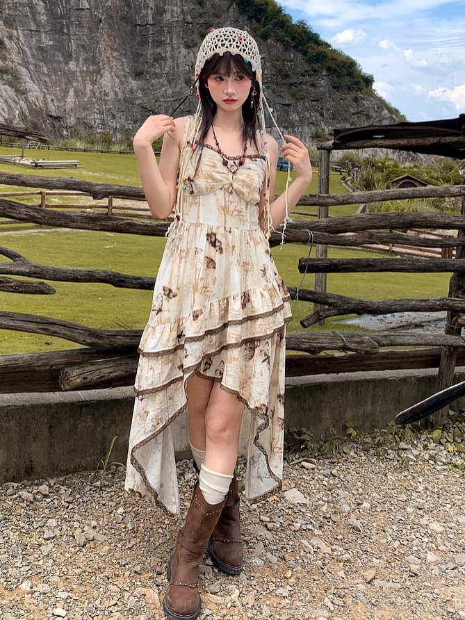 Vintage Butterfly Print Handkerchief Hem Dye Apricot Tie Spaghetti Strap Dress