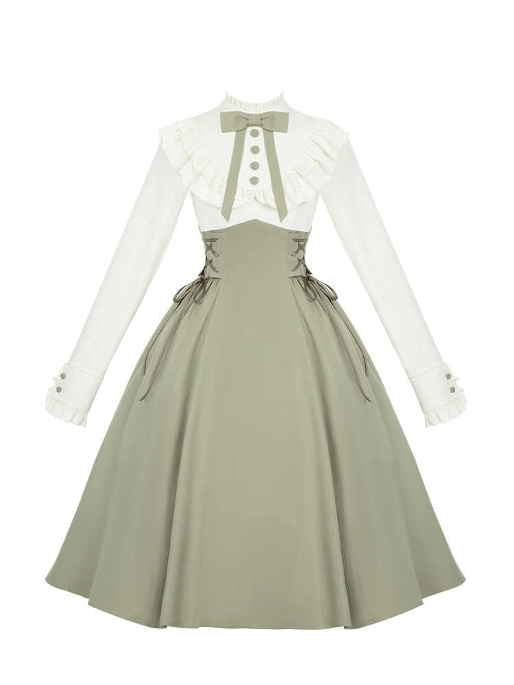 Light Green and Beige Ruffle Neckline Long-Sleeve Spring Classic Lolita Dress Layered-Look