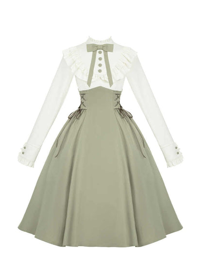 Light Green and Beige Ruffle Neckline Long Sleeves Spring Classic Lolita Dress Fake Two-pieces