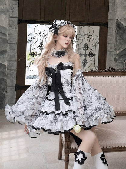 Elegant Hanayome-Style Black & White Porcelain-Inspired 82CM-Length Lolita Princess Dress - Sleepless Star