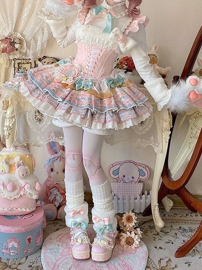 Corset Sweet Pink Dress Decorations Layered Lolita Waist Boned with Bow