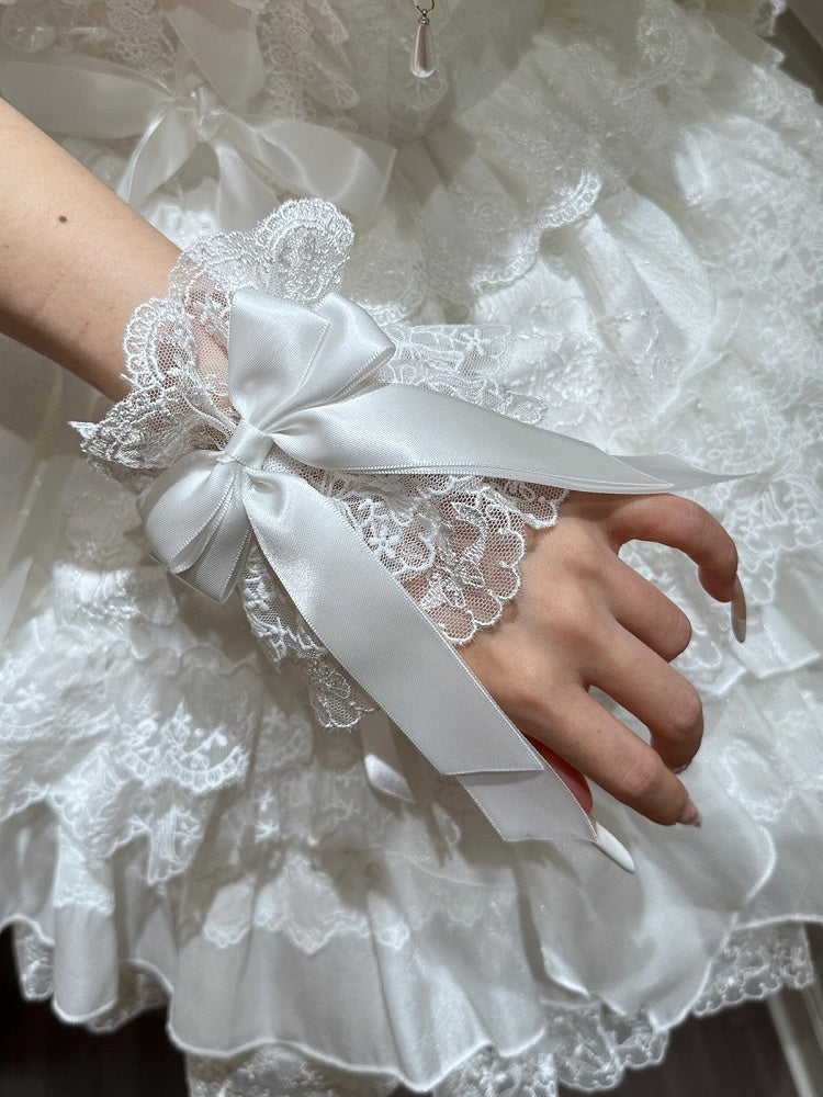 White Blue Pink Lolita Lace Wrist Cuffs with Bow Details - White Sugar Girl