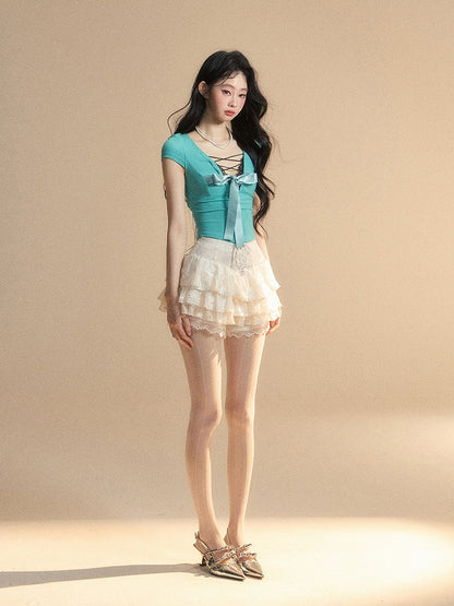 Blue Lace Trim V-Neck Cutout Tiffany Slim-fitting Back T-Shirt Big Bow