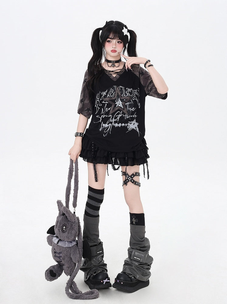 デザイン レースアップ Vネック スター Tシャツ ルーズ ブラック カラーブロック プリント