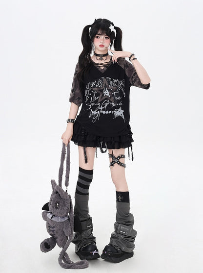 デザイン レースアップ Vネック スター Tシャツ ルーズ ブラック カラーブロック プリント