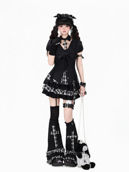 Dark Kawaii Black Detachable Collar Puff Sleeve Blouse with Ruffle Trim - CRAZY GIRL