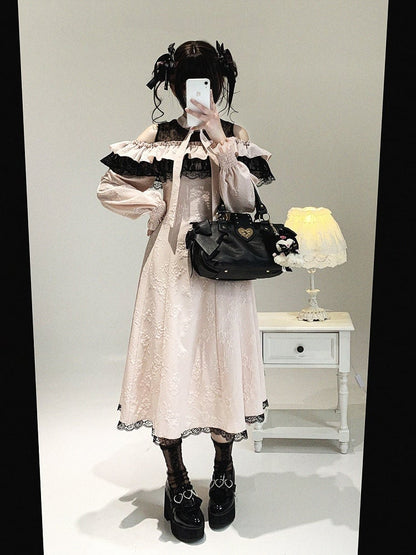 with Bow and Cutout Pink Lace Black Dress Long-Sleeve Kei Jacquard Rose Jirai Shoulder Ruffled