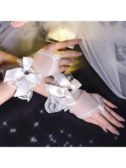 White Lace Wrist Cuffs with Bow Embellishment - Mr. Cat