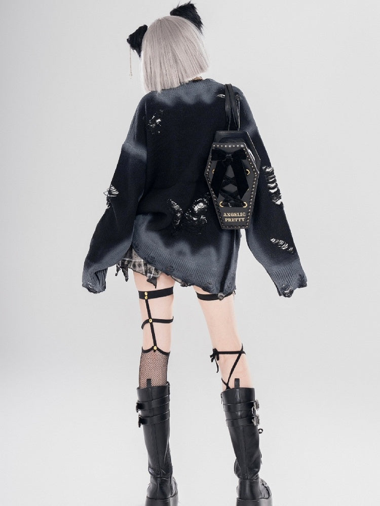 Y2K ブラック/グレー バタフライシェイプ ダメージ加工 ホールズ ラウンドネック セーター