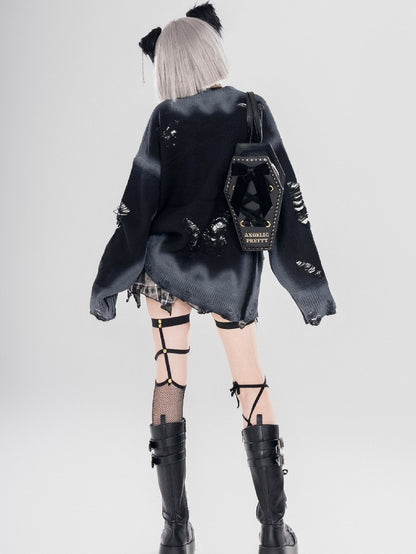 Y2K ブラック/グレー バタフライシェイプ ダメージ加工 ホールズ ラウンドネック セーター