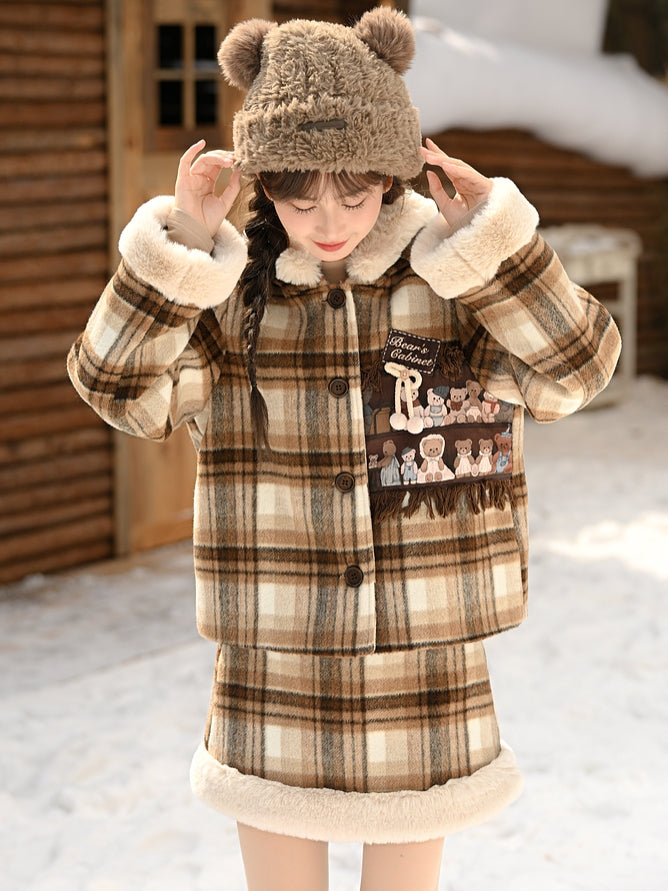 Brown High Waist Plaid Skirt Plush Trim