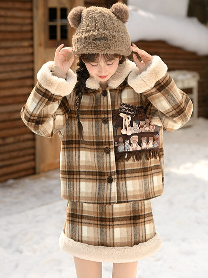 Brown High Waist Plaid Skirt Plush Trim