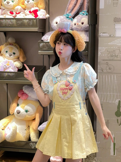 Erdbeere Stickerei Gelb Box Pleated Overall Kleid Süß