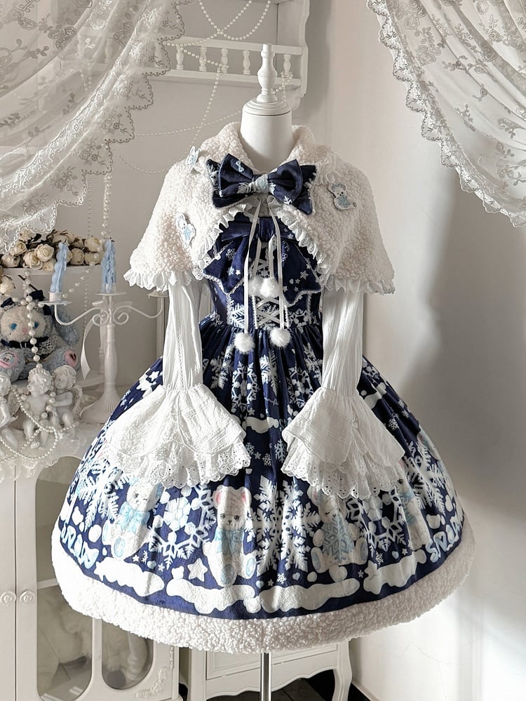 Sweet Winter Lolita Snowy Teddy Print Dark Blue Gradient Lolita JSK Full Set