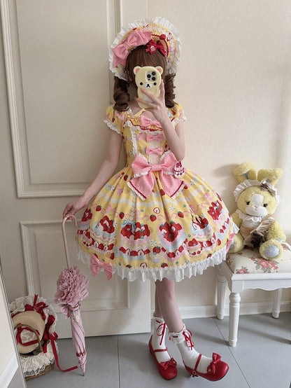 Kuchen süße süße Erdbeere ein Ärmel gelbes Kleid Lolita Stück Kurzdruck