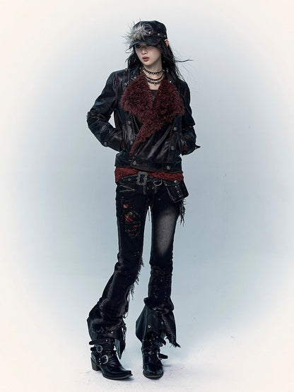 ダークレッドのハートと骨のアップリケ付きジャケット（バックル付き）