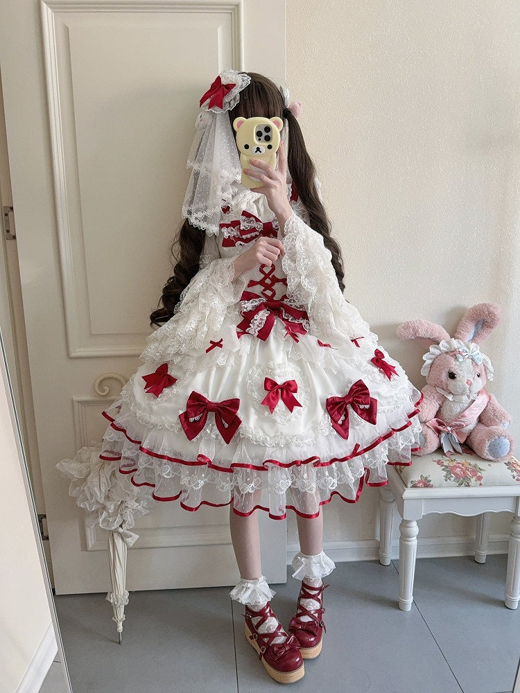 White Princess Lace Bow Doll-Style Sweet JSK Details Red with Lolita Dress