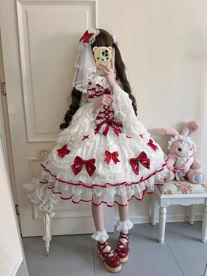 White Princess Lace Bow Doll-Style Sweet JSK Details Red with Lolita Dress