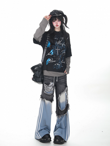 Vibe Long Faux Top Punk Sleeve Two-Piece Striped Sleeves with White/Black