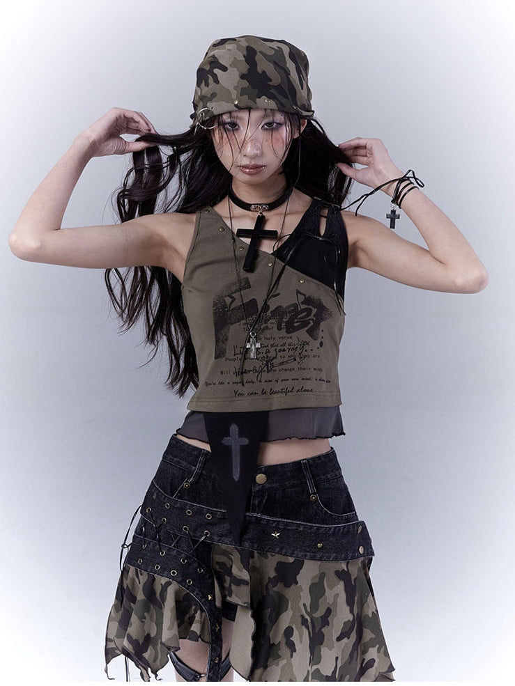 パンク風ダメージスタッズ三角迷彩柄ウェイストランドスカーフ