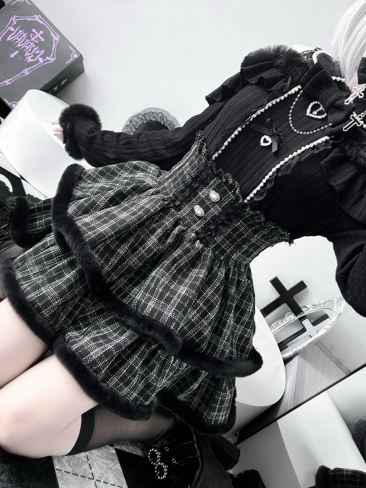 High Waist Tiered Skirt Double-Layered Plush Trim  Plaid Jirai Kei Pink/Black