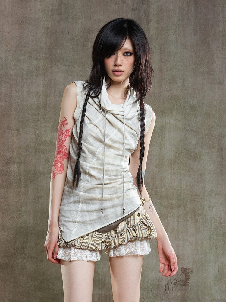 Vest Neckline Punk Apricot Multi-Wear with Zipper Drawstring Collar Asymmetrical