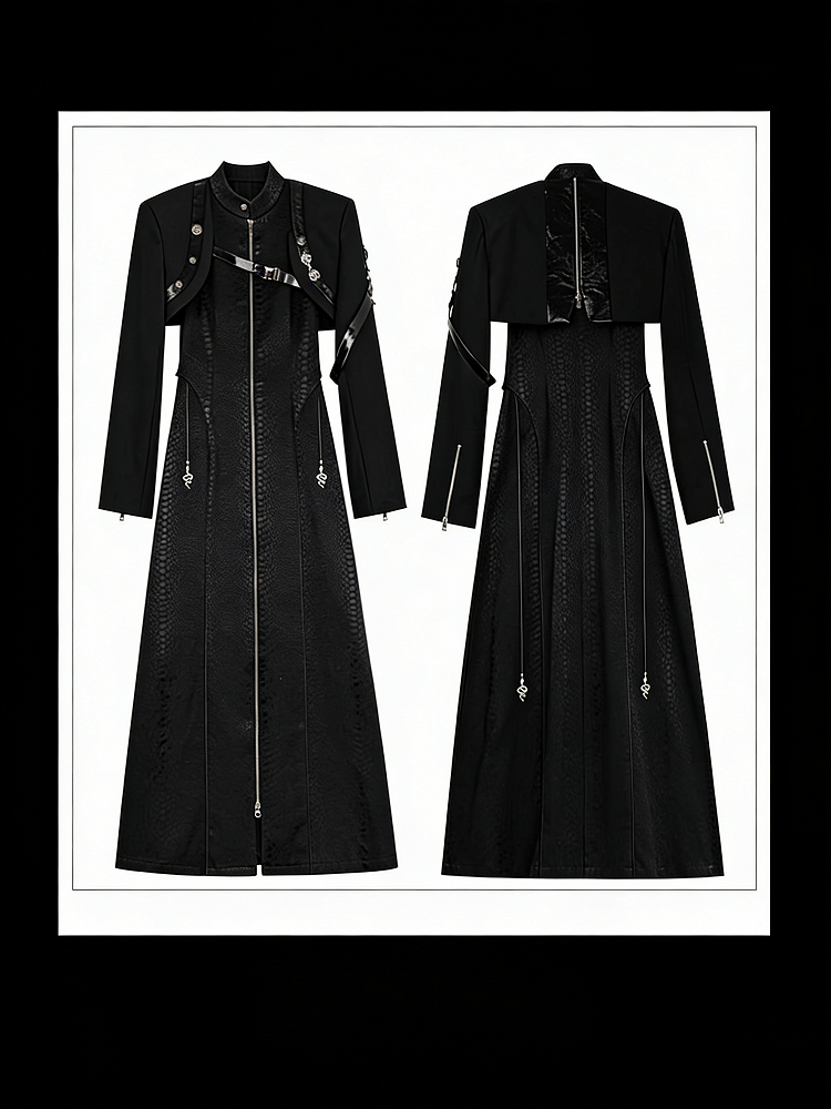 Black Unisex Gothic Snakeskin-Grain Long Coat with False Two-Piece Design & Dual Zips - Wu Xiang Gui Shi
