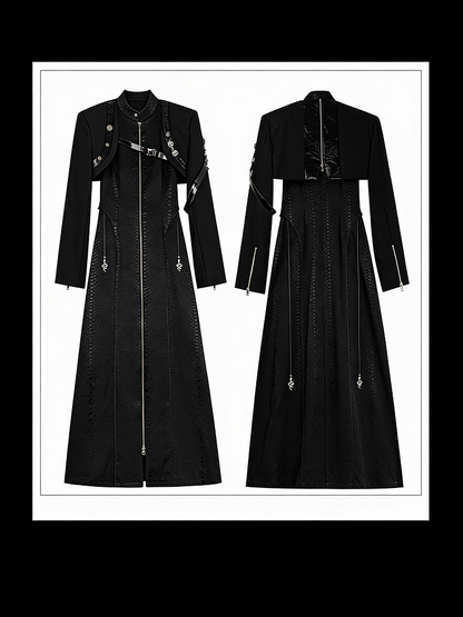 Black Unisex Gothic Snakeskin-Grain Long Coat with False Two-Piece Design & Dual Zips - Wu Xiang Gui Shi