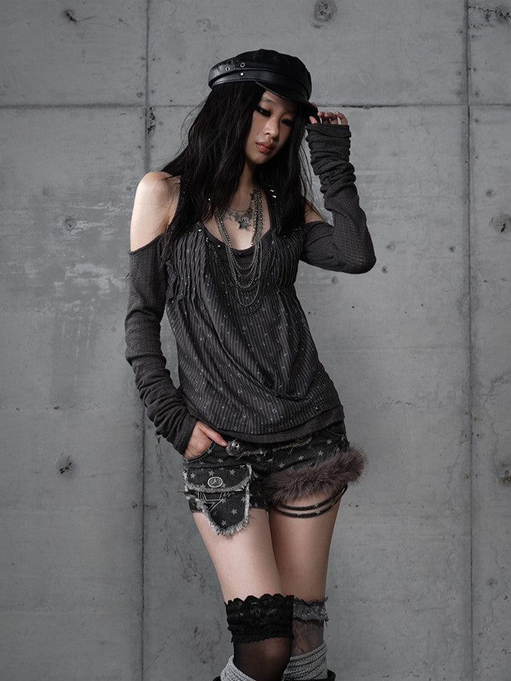 Knit Accents Cutout Gray Layered Shoulder Sequin Top Studded Dark with