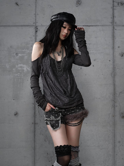 Knit Accents Cutout Gray Layered Shoulder Sequin Top Studded Dark with