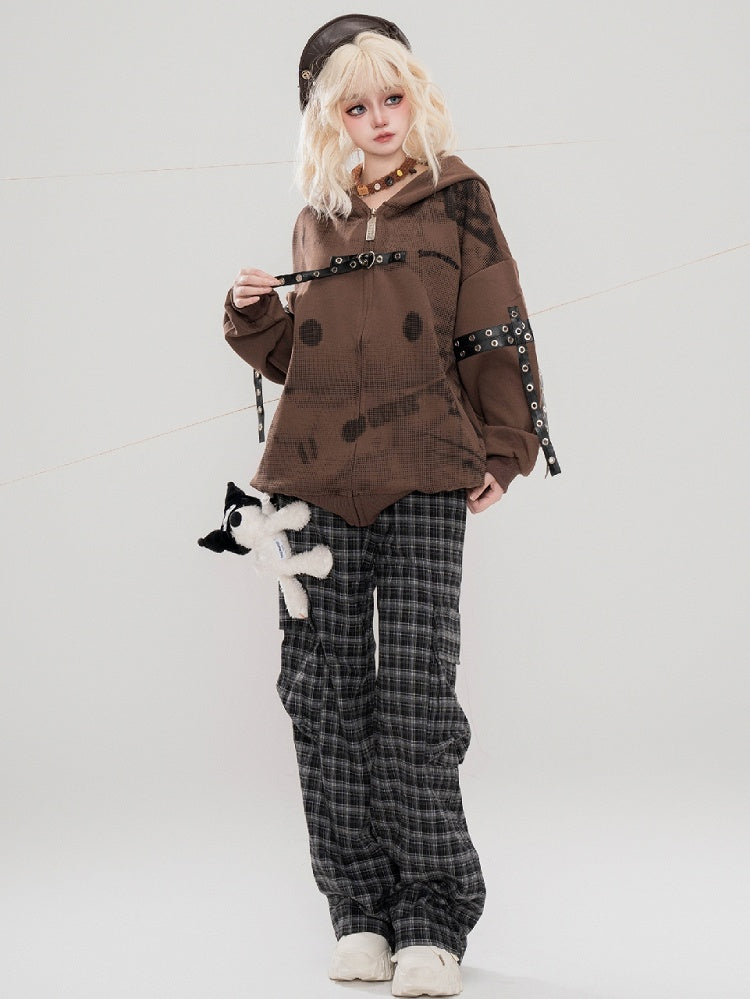 ブラックチェック柄カーゴポケットデザインストレートレッグカットパンツ