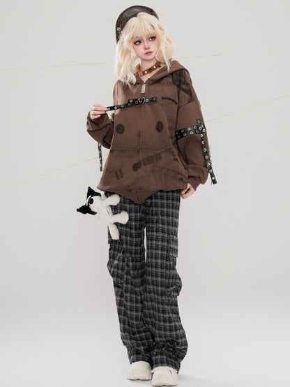 ブラックチェック柄カーゴポケットデザインストレートレッグカットパンツ