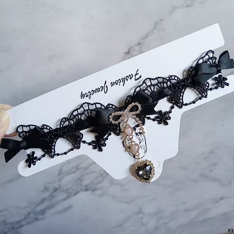 Kei 12 Heart Rhinestone Lace Choker Jirai Bowknot Options Color