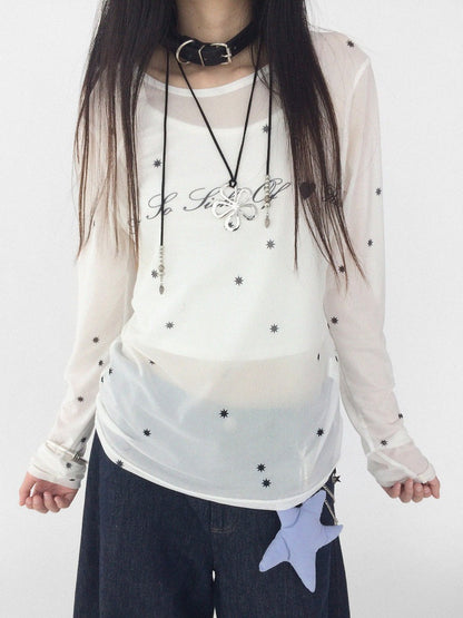 White Sheer Round Neck Long Sleeve T-Shirt with Eight-Pointed Star Print - innomoood