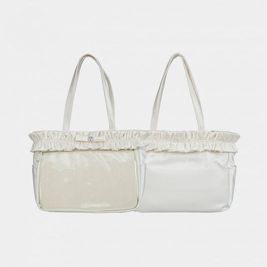 ベージュのフリルトリムラインストーン蝶結びイタトートバッグ