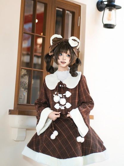 for Coat Lolita Dress Sweet and Paired Autumn with Winter Cherry Brown Embroidered Plaid