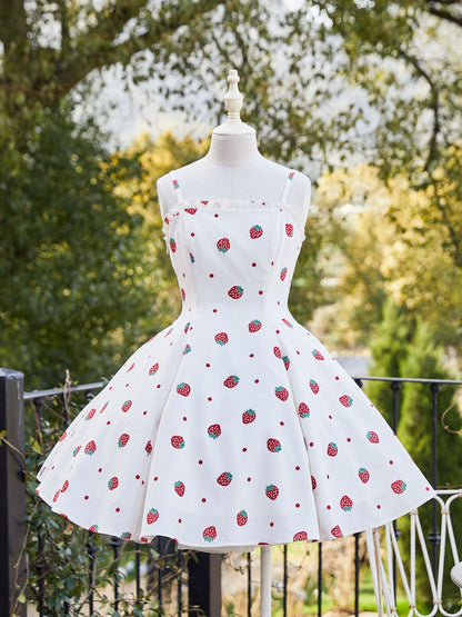 und weiß JSK süßes Kleid Polka Dots Sommer Lolita Erdbeere Sonne Druck