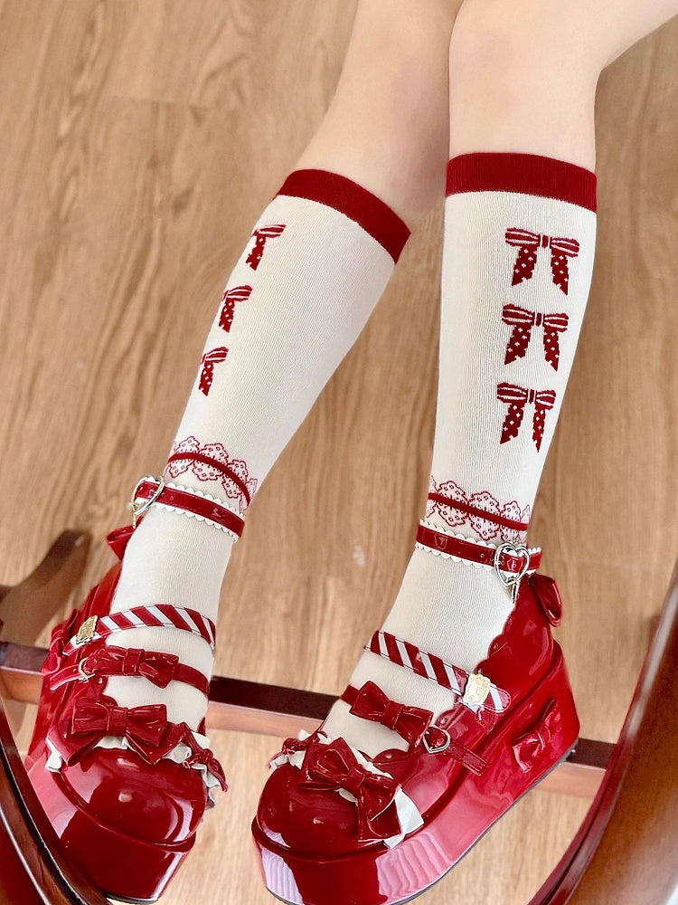 Calf Socks Red Polka Lolita White Pattern Bowknot Dot