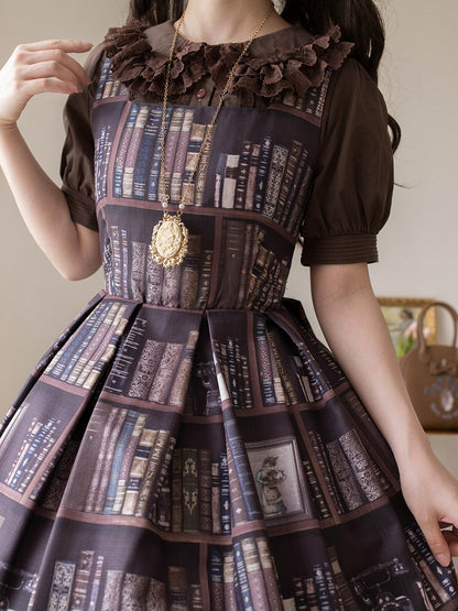 ピーターショートコーヒーブラウススリーブパフパンカラーコットン