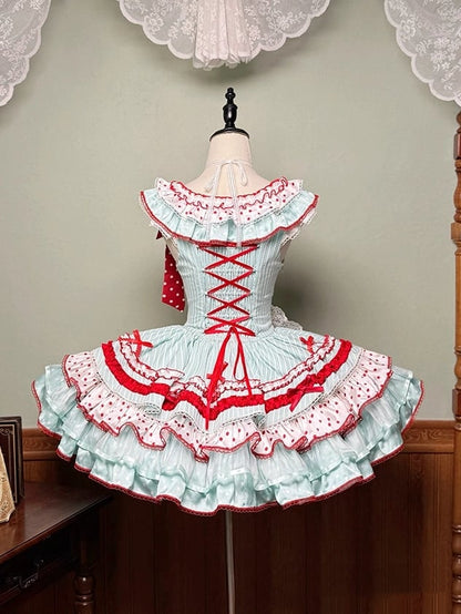 Red and Skirt Green Sweet Polka with Accents Bow Tiered Dots Stripes Dress Lolita
