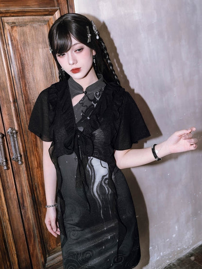 Chinese Gothic Asymmetric Chiffon Cropped Top with Ruffle Details - Quirky Hut