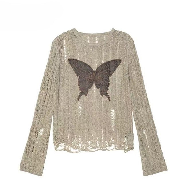 カットアウトバタフライファッションディテールカーキミラードアップリケトップ