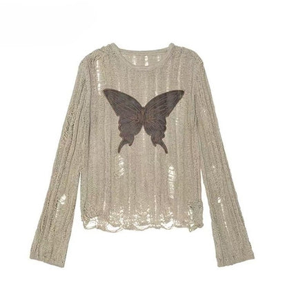 カットアウトバタフライファッションディテールカーキミラードアップリケトップ