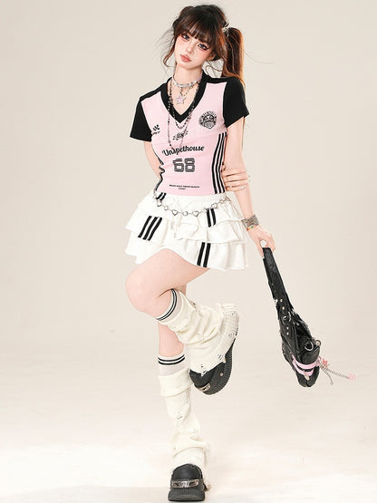 Vネックのビタースイートブルー/ピンクの文字Tシャツプリントナンバー